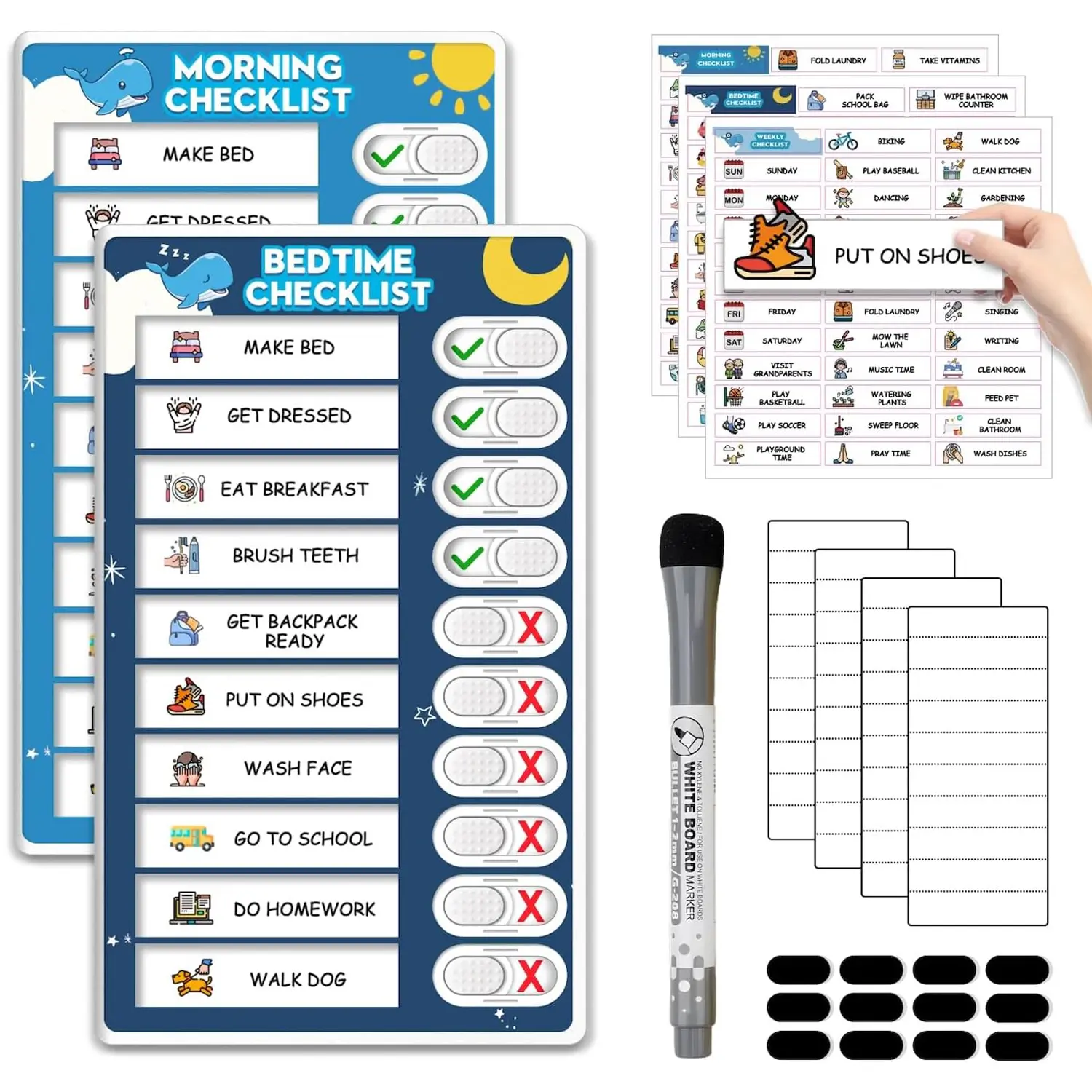 Upgraded Slider Morning/Bedtime Routine Chart for Kids Toddlers - Magnetic Kids Chore Chart for 2 Kids, Dry Erase Chore Chart, Visual Schedule with Autism