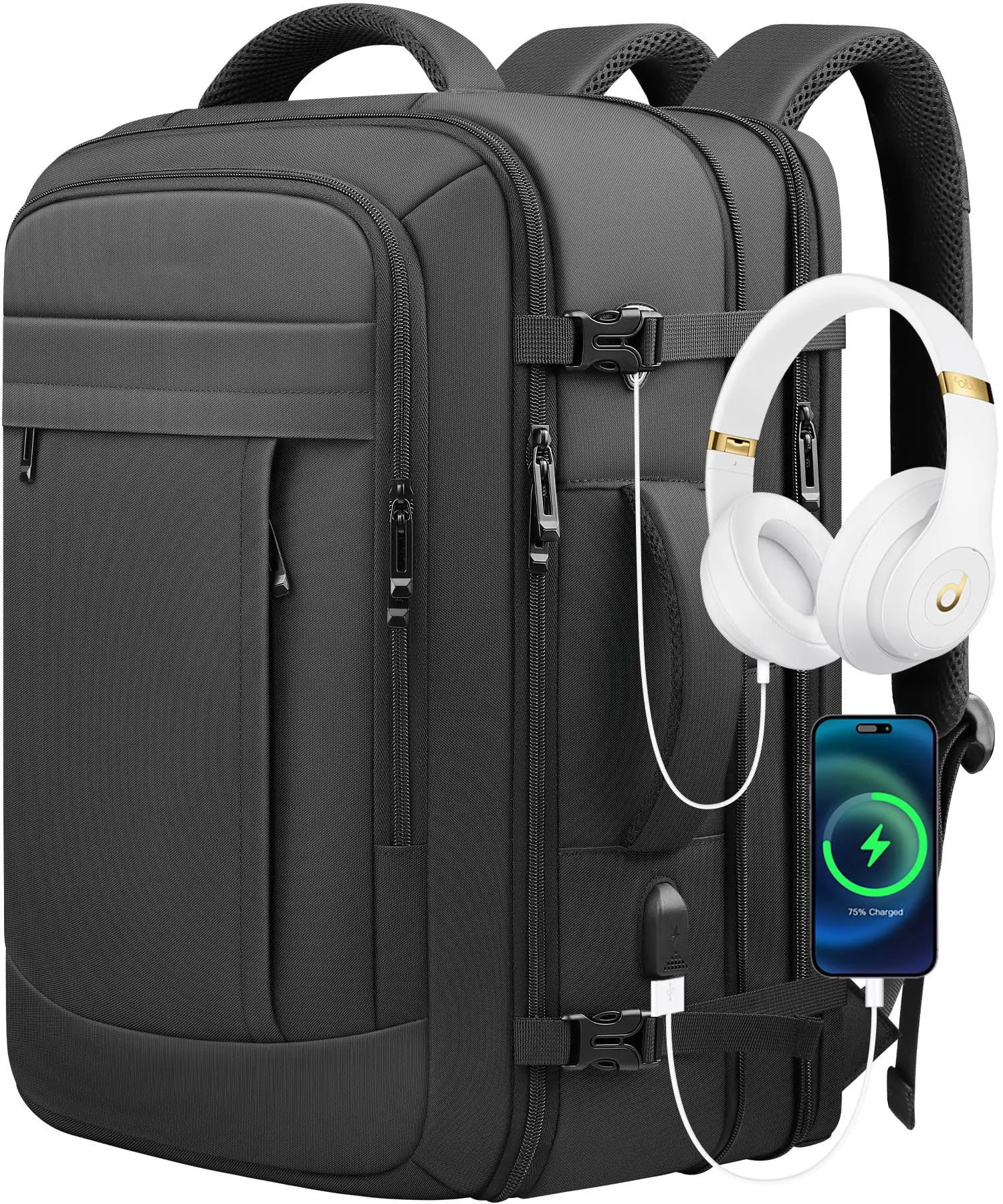 Travel Backpack, Extra Large Backpack, Carry On Backpack, 50L Expandable Airline Approved Water Resistant Business Luggage Suitcase Daypack Bag Fits 17 Inch Laptops, Travel Gifts for Men Women, Black