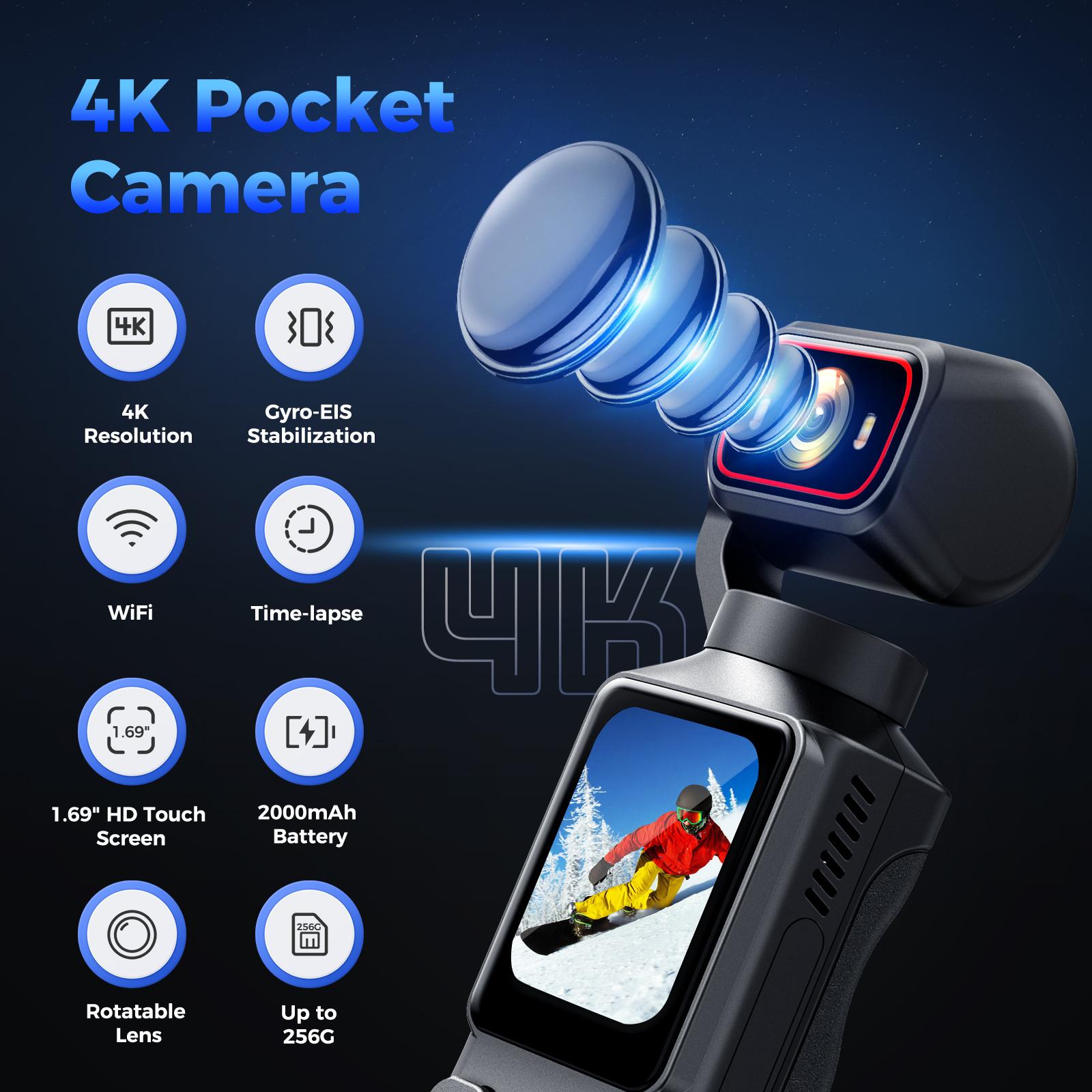 4K Handheld Vlog Camera with WiFi, 180° Rotating Lens, Portable Video Camera with Stabilization, Compact Design for Travel & Daily Recording, Easy to Use, Hands-Free Shooting, Rechargeable Battery, Lightweight & Pocket Size