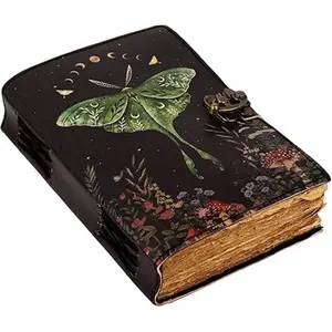 Blank Spell Book of Shadows Journal with Lock Clasp, Black Leather Binding, 200 Pages, Embossed Designs, Wiccan Decor & Morpho Butterfly Print