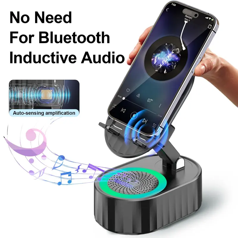 AKLLCCR 5in1 Wireless Speaker Cell Phone Stand with Bluetooth/Induction Audio & Atmosphere Light/Power Bank, 5.3 HD Surround Subwoofer Sound,300° Rotable Foldable Lift-Non-Slip Base, Fits Smart Phones
