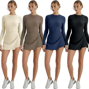 A Stylish And Elegant Longsleeve Golf And Tennis Dress Designed to Prevent Wardrobe Malfunctions, Featuring a Fitted Waist for a Flattering Silhouette, Perfect for Casual Outings Or Workouts, with a Chic Back And Sporty Ties for Yoga