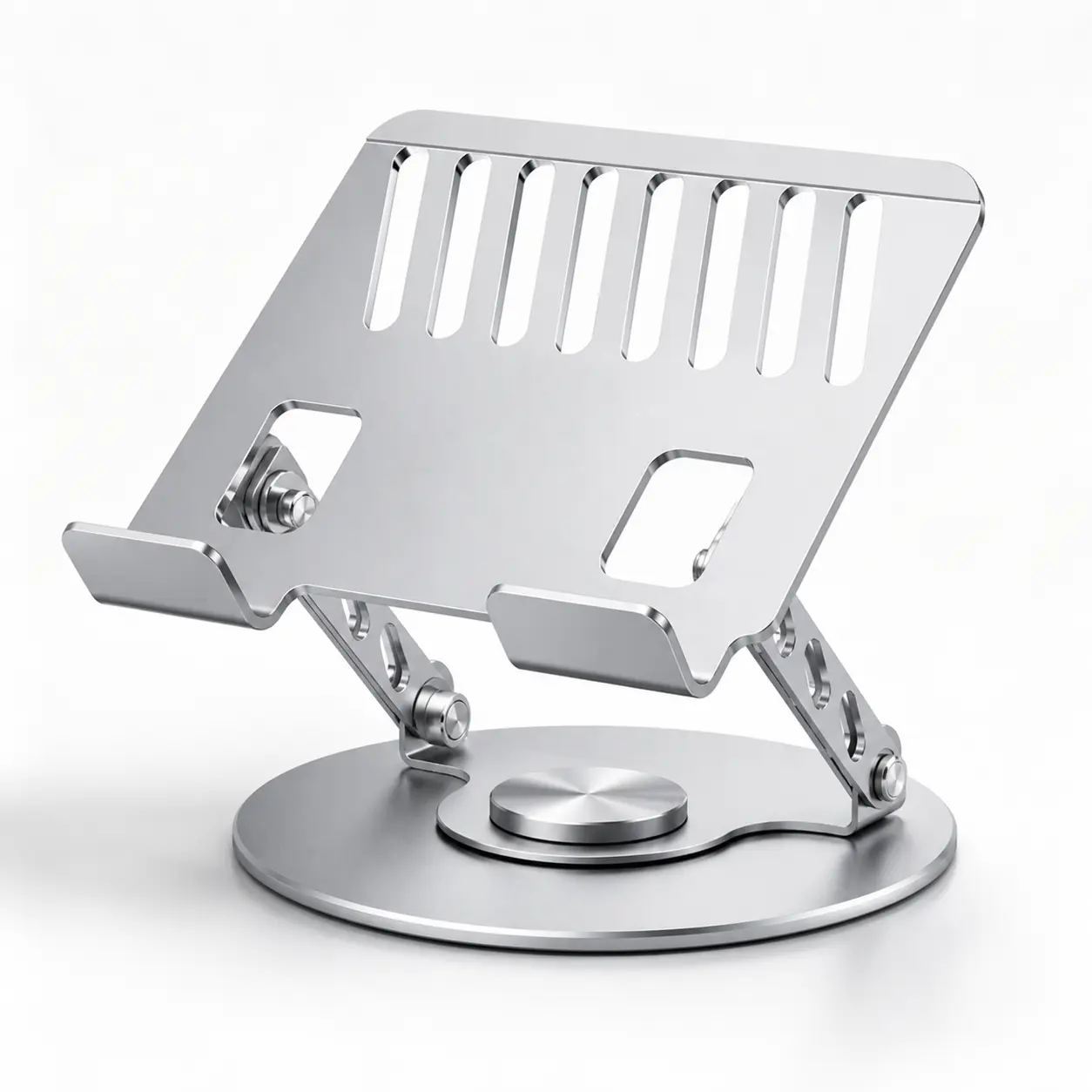 360° Rotatable Metal Tablet Stand Adjustable Foldable Laptop Holder, Swivel Base Cooling Vent iPad Stand, Heavy Duty Aluminum Desk Tablet Mount for Drawing Study Office Home, Universal Portable Phone Tablet Support Riser