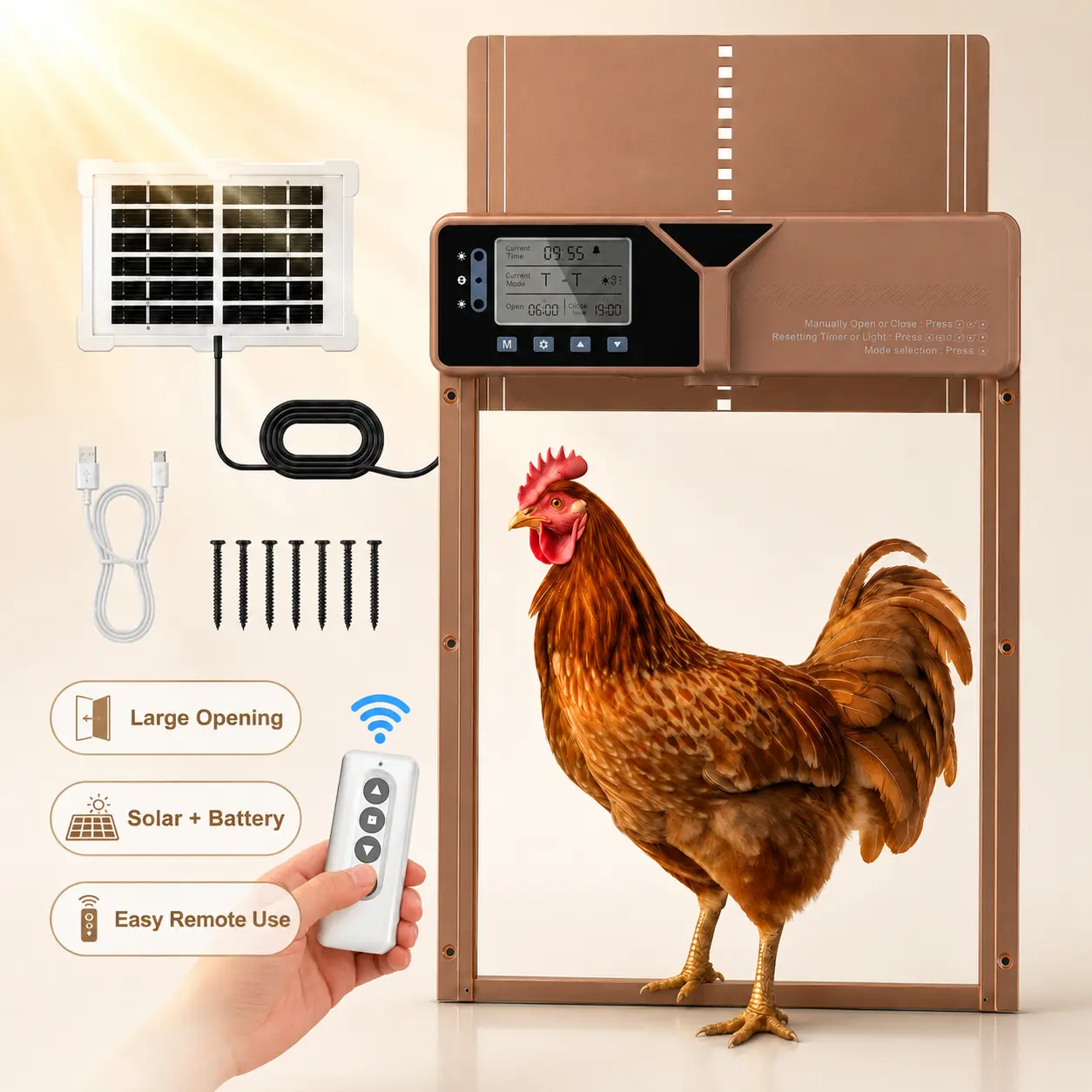 Extra Large Automatic Chicken Coop Door, Solar Powered with 4000mAh Battery, 6-Way Control with 65FT Remote, Anti-Pinch Aluminum Door for Chickens, Ducks & Geese