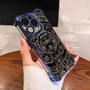 Super Cool Aztec Calendar Sun Stone Suitable for Aesthetic Electroplated TPU Casing For iphone 17 16 15 14 13 12 11 X XS PRO PLUS MAX AIR Four Corners Anti-Fall Transparent Casual Soft Silicone Phone Cases Perfect Gift for men's L1424