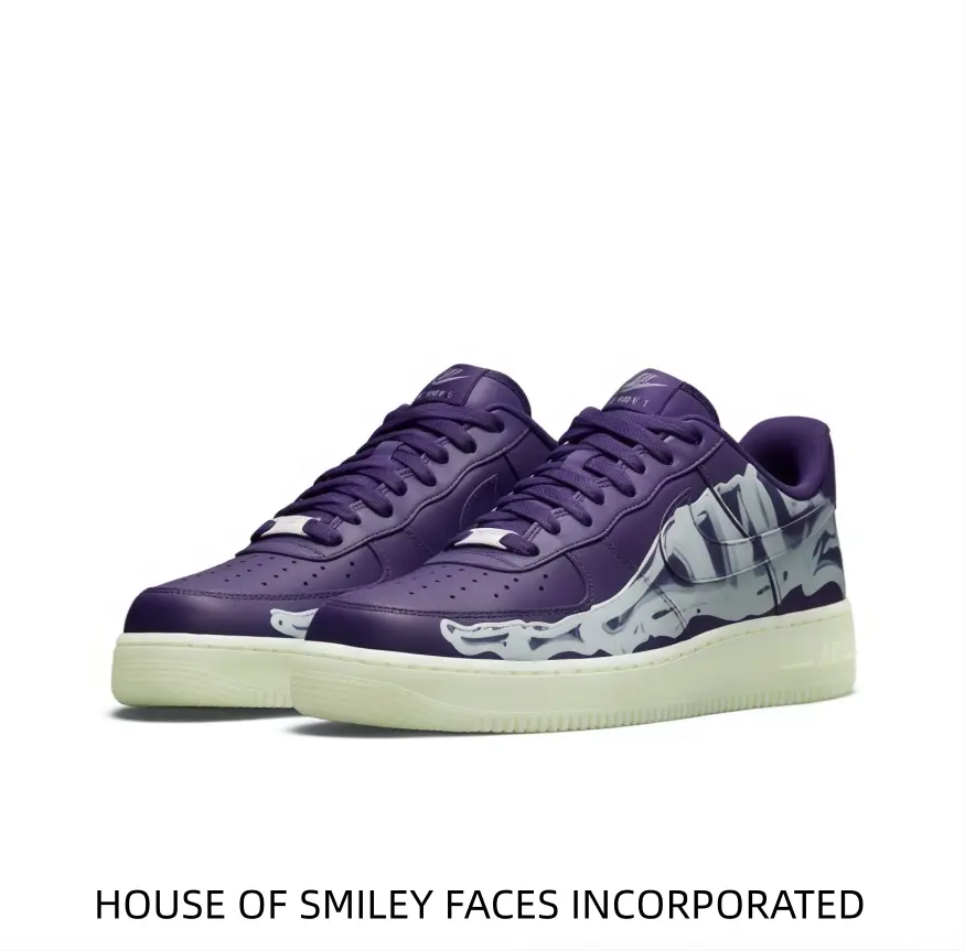 Deep purple full leather upper decorated with skeleton bone pattern printing, matching purple laces and lining, creamy white luminous midsole, glowing effect in darkness, cool gothic street aesthetic