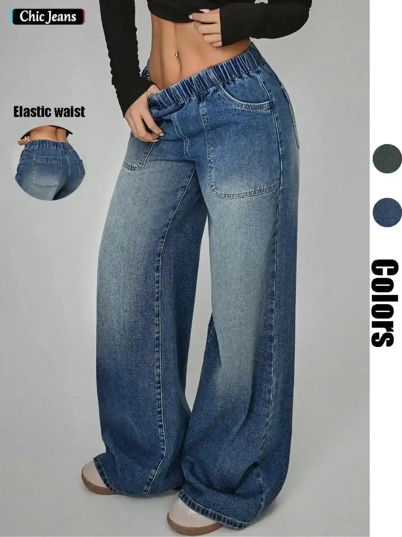 Women's Elastic Waist Wide Leg Denim Jeans Fit for All Body Types Large Pockets Practicality and Street Style Ideal Daily Streetwear comfort stretch casual street modern fit vintage wash essential denim go to piece