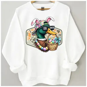 Funny Easter Duck Egg Hunter Sweatshirt, Cute Mallard Duck With Bunny Ears Sweater, Easter Sunday Gift For Women, Men, Hunting For Eggs Crewneck, Aesthetic Pullover, Outdoor Lifestyle Holiday Merch	