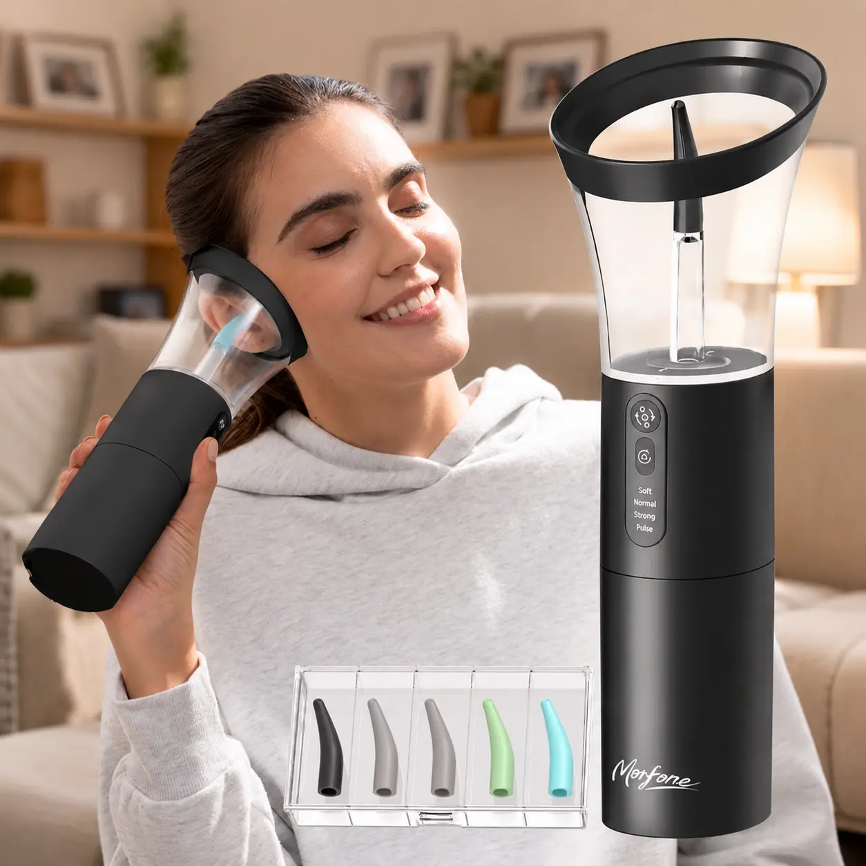 Morfone Rechargeable Electric Ear Irrigation System, Ear Cleaning Tool with Safe Temperature Control, 4 Pressure Levels, IPX6 Waterproof for Deep Wax Removal