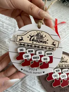Custom Wooden Family Christmas Ornament 2024, Laser Cut Personalized Christmas Ornament Family Name 1-10, Christmas Stocking Ornament