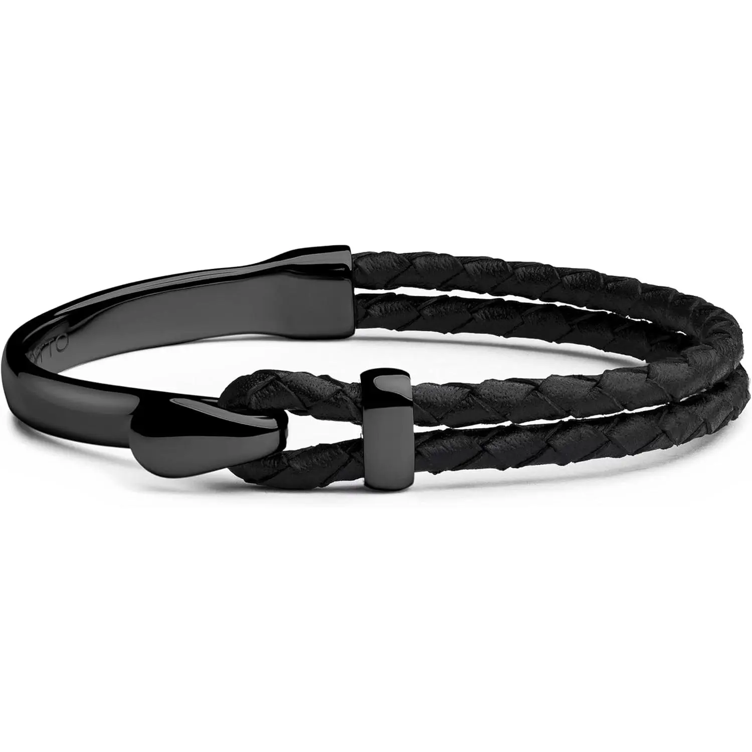 Signature  Bracelet for Men | Braided Full-Grain Black Leather with 18k -Plated Stainless Steel Hook Closure | Men's Designer  Bracelets