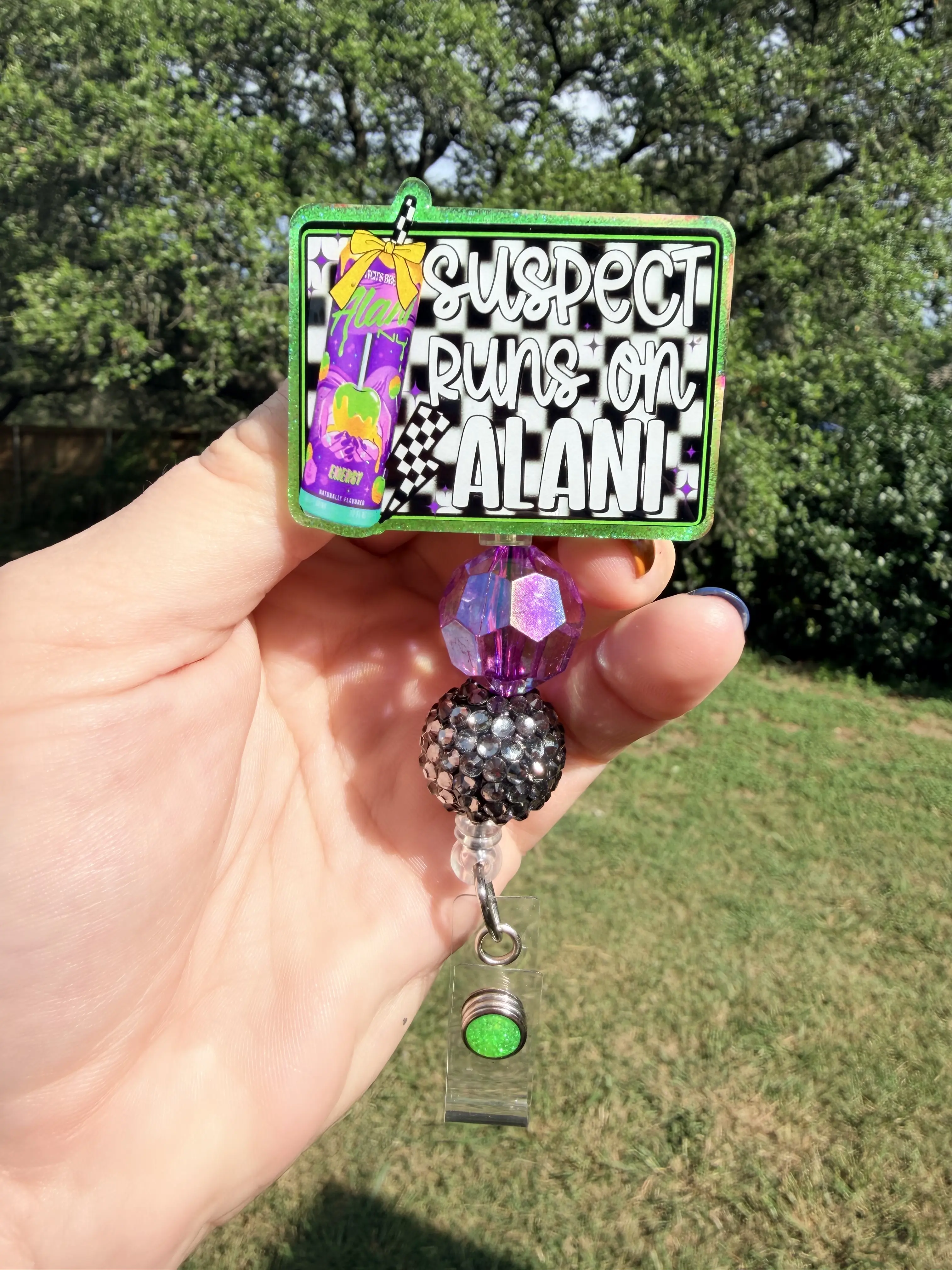 Retractable Nurse Badge Reel | Lime Green Glitter | Suspect Runs on Alani | Witches Brew Design | Glass Bead Embellishment nurse badge