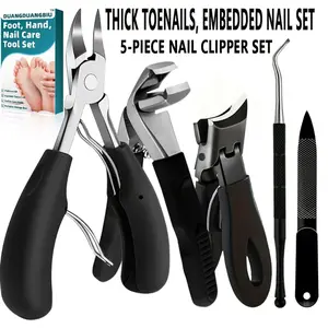 5-Piece Heavy Duty Nail Care Kit for Men and Adults - Orthopedic Surgeon Grade Stainless Steel Scissors with Ergonomic Handles + Nail File for Thick Toenails, Modern Black Design, Nail Technique Supplies