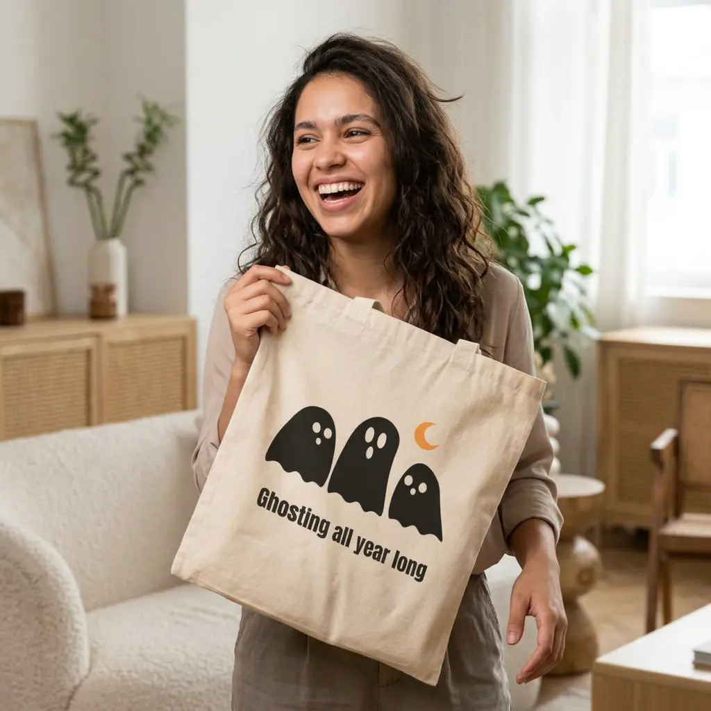 Ghosting All Year Long Tote Bag | Cute Ghosts Moon Canvas Tote