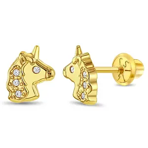 14k Gold Glimmering Unicorn Clear Toddler / Kids / Girls Earrings Safety Screw Back