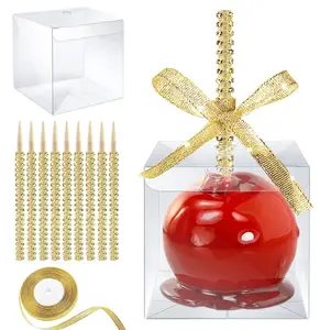 Candy Apple Boxes with Bling Stick Hole Set,20 Pack Caramel Apple Wrapping Kit with Clear Containers & Rhinestone Bamboo Skewers & Glitter Ribbons,Top for Cake Pop Chocolate Treat