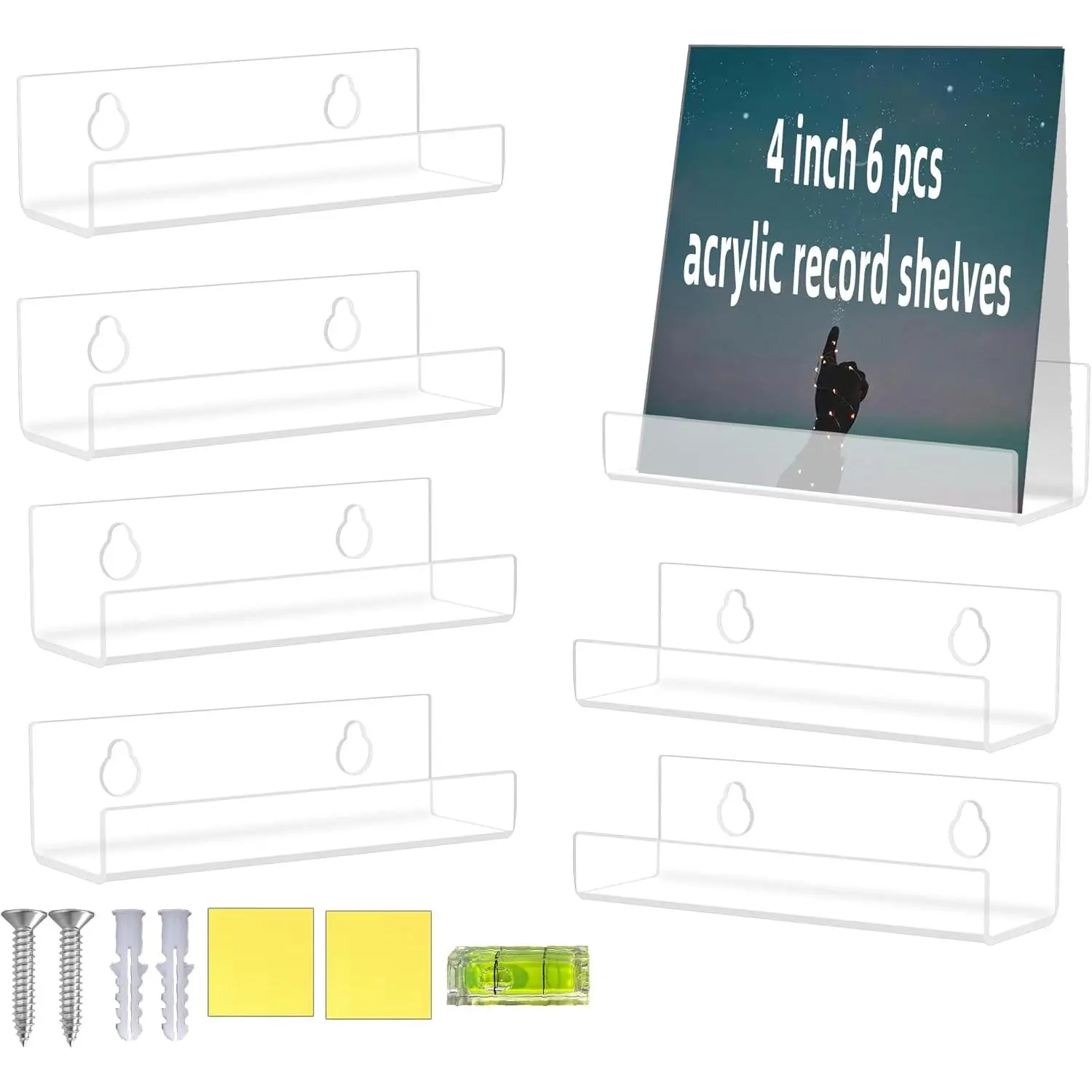 Vinyl Record Shelf Wall Mount 6 Pack 4 Inch Record Holder Wall, Screw & Adhesive Vinyl Wall Mount for Album Music Shelves & Bookshelf
