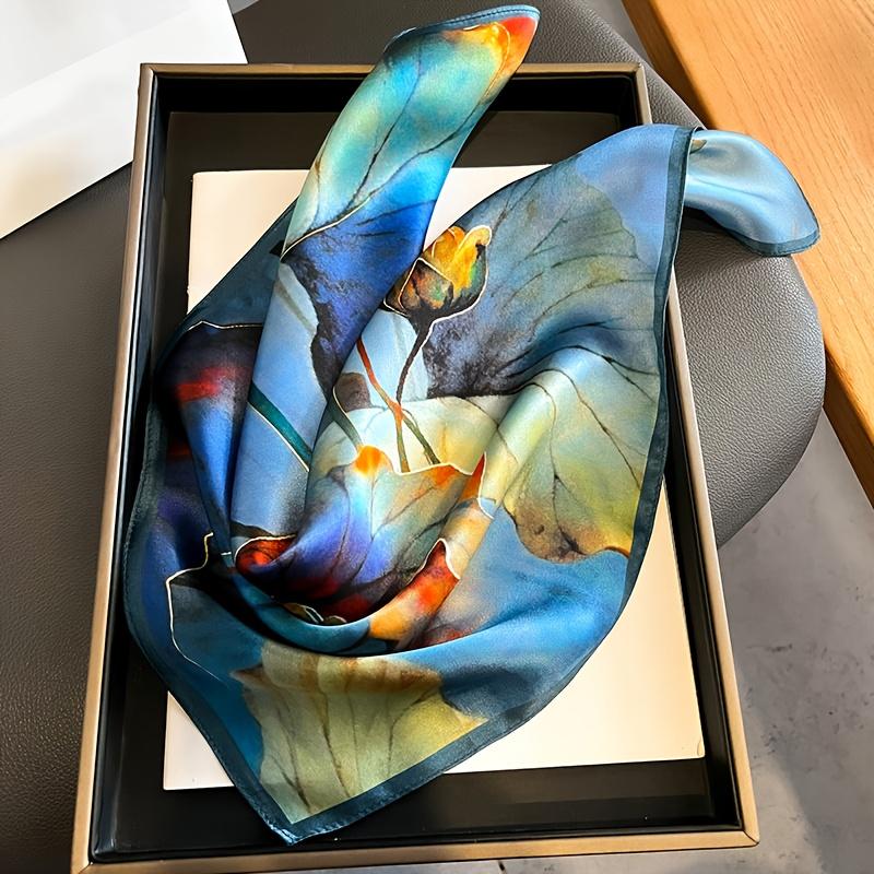 Elegant faux silk scarf—women’s headscarf, women’s handkerchief/silk scarf with a blue lotus design; women’s style; sleep headscarf; ideal for parties, formal events, and everyday wear.