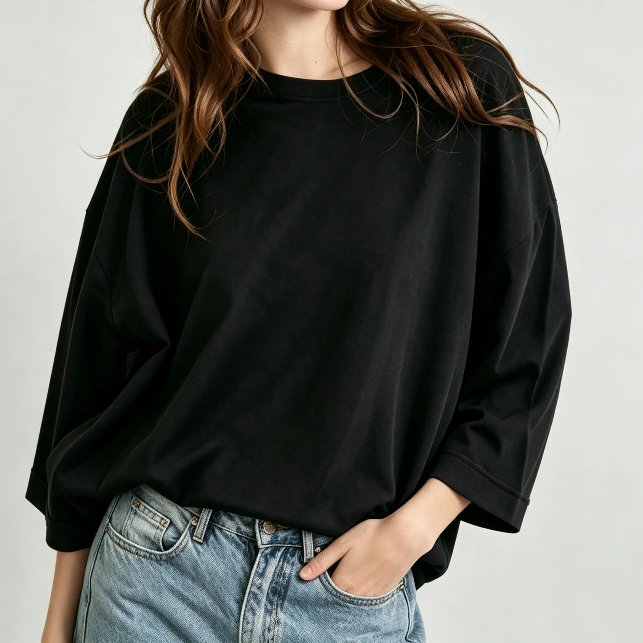 Wodubu Women's Oversized Crewneck T-Shirt - 3/4 Sleeve, Drop Shoulder, Loose Fit Womenswear Top