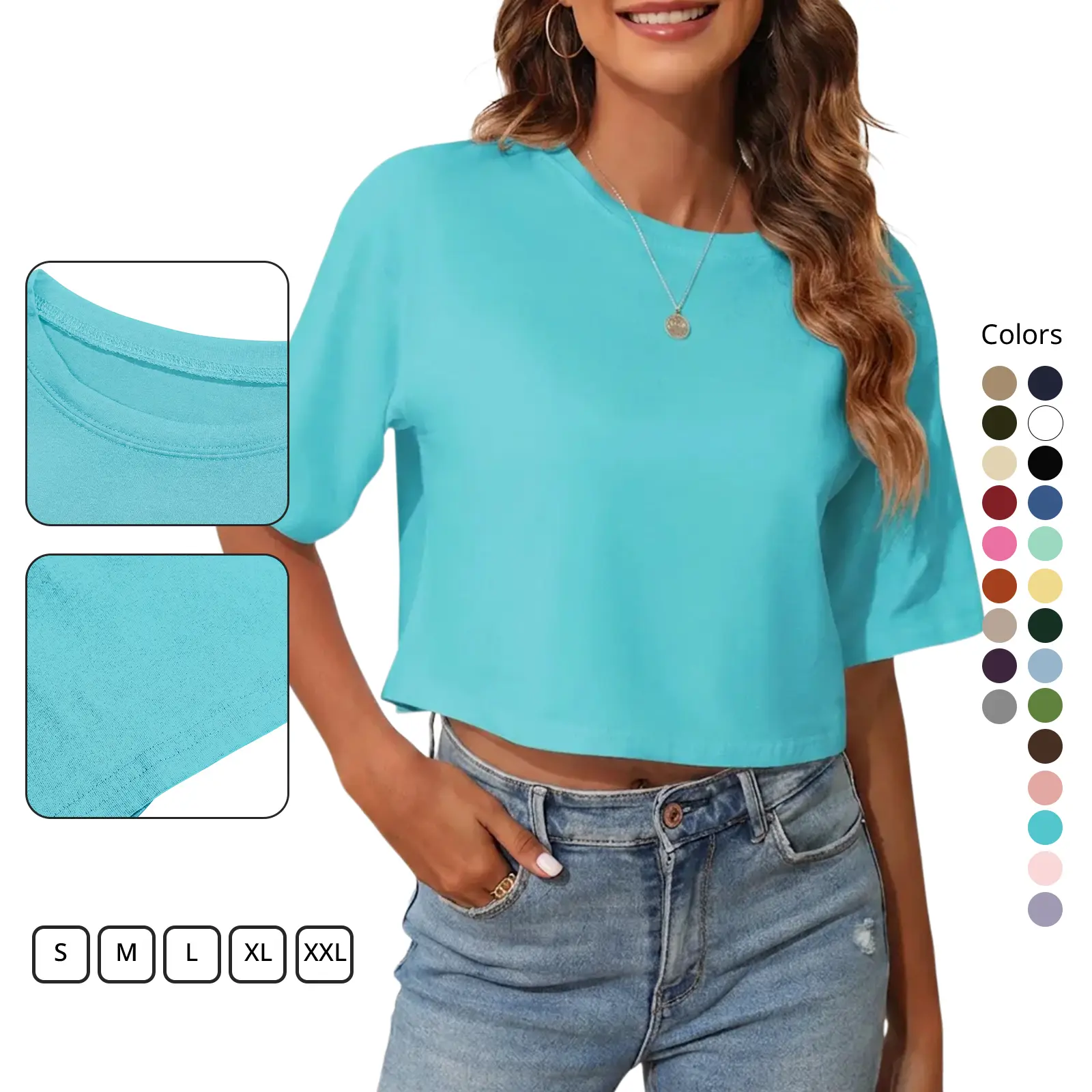 Tankaneo Women Half Sleeve Cropped T-Shirts Drop Shoulder Round Neck Crop Tops Casual Summer Solid Color Basic Tees