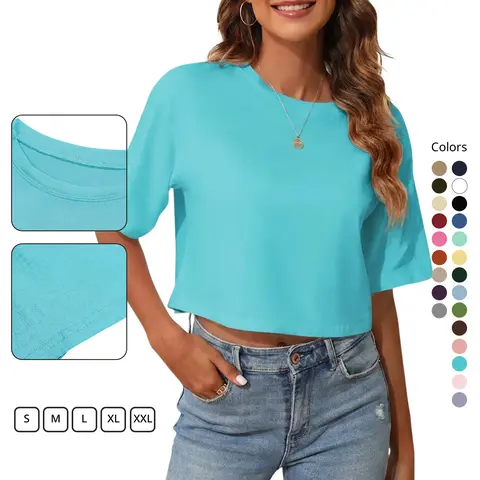 Tankaneo Women Half Sleeve Cropped T-Shirts Drop Shoulder Round Neck Crop Tops Casual Summer Solid Color Basic Tees