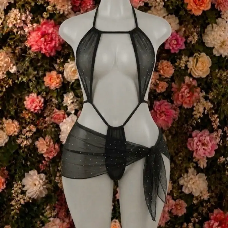 Backless 2pc Mesh See Through Set - Black Top for Women's Clothes Lingerie Comfort brief set Lusty Lace Corset Sexy Two-Piece Matching Womenswear