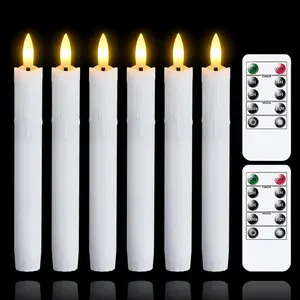 Flameless Flickering Taper Candles Two Remote, 7.5 Inch White  Operated LED Window Candles Timer,Set of 6 Plastic -Wick Dripping-Wax Effect Flameless Candlesticks(0.86"Dia,Warm Fire)