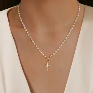Gold Pearl Beaded Crown Cross Necklace for Women, 4mm Pearls 3mm Beads Dainty Layered Style Jewelry Gift For Easter
