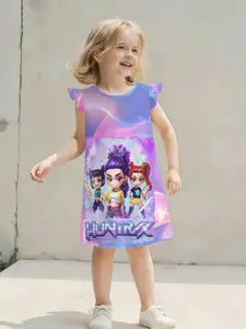 Girls' Gradient Flutter Sleeve Dress, K-Pop Huntrax Q Version Group Print, Casual Loose-Fitting Knee Length A-Line Dress