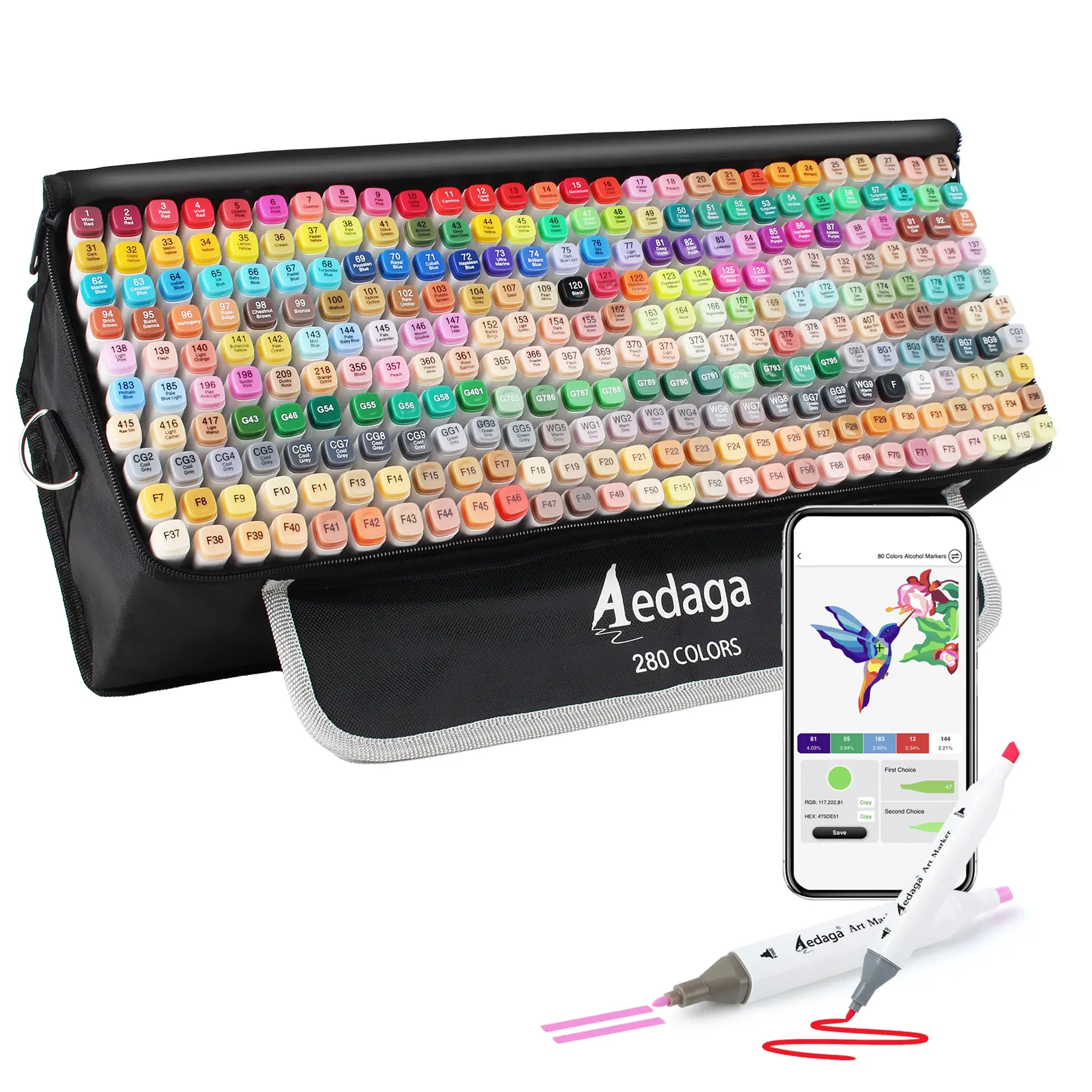 Aedaga Alcohol Markers Set - 80/120/168/200/240/280 Colors Dual Tip Art Markers with Carrying Case & Color App, Permanent Marker Pens for Drawing, Coloring, Illustration, Manga