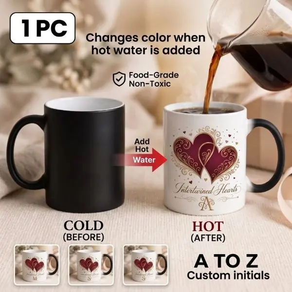 Women's Coffee Mug, Ceramic Coffee Cups, 11oz Heat Reveal Color Changing Mug, Intertwined Burgundy Hearts with Custom Initial A-Z, Double-sided Print, Unique Christmas Anniversary Gift for Couples Best Friends