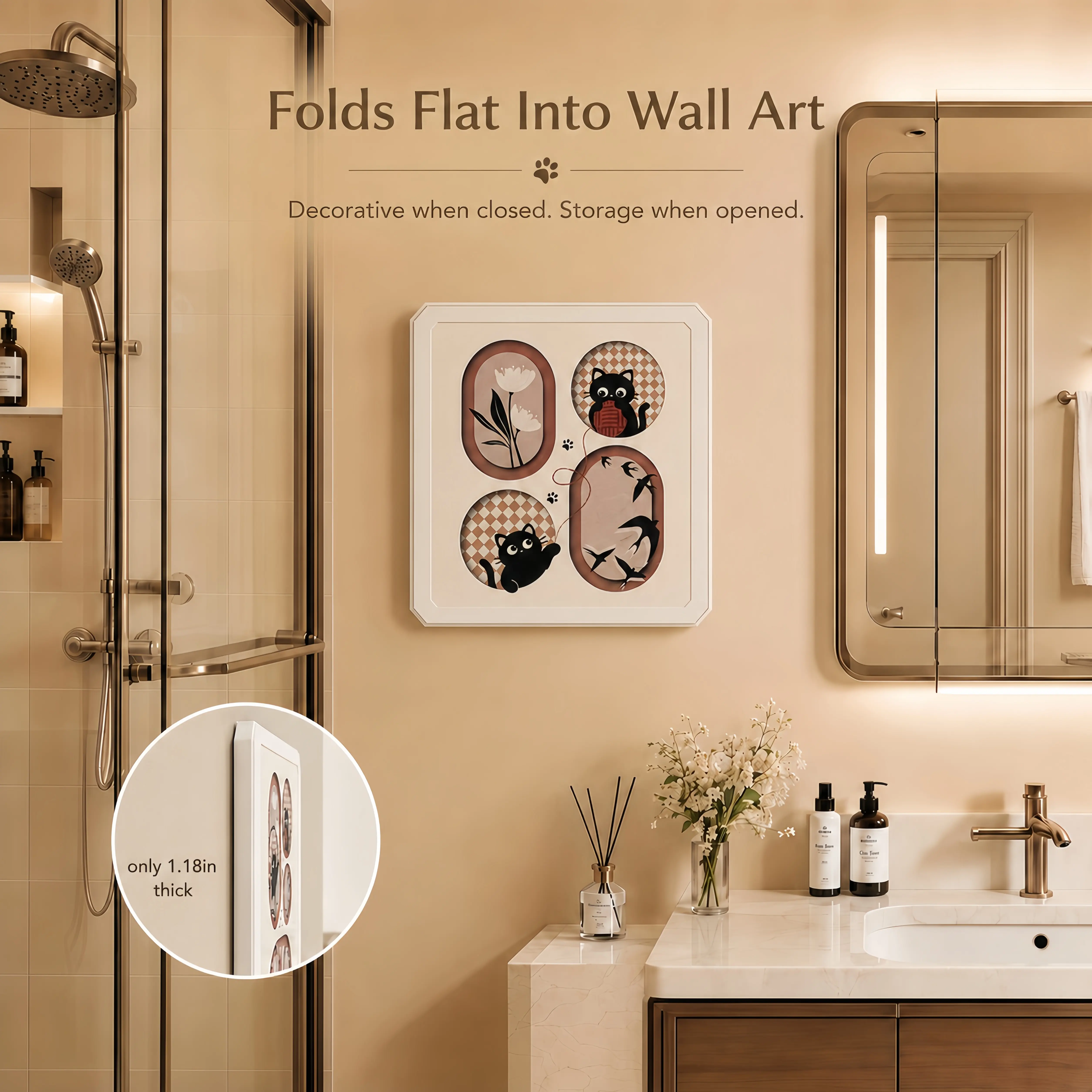 Foldable Bathroom Wall-Mounted Mural Design Showerproof Storage Box-No Drilling, Traceless Adhesive Pad Installation, Bathroom Fixture Organizer with Foldable Shelf & Towel Hook, 40 lbs Capacity, Ideal for Small Bathrooms Corner Storage Organization