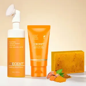 Veecent Turmeric Cleansing Three-Piece Set – Turmeric Facial Cleanser, Turmeric Cleansing Pad, Turmeric Soap (Facial Cleansing Skincare Set) Repairing Skin Care Routine