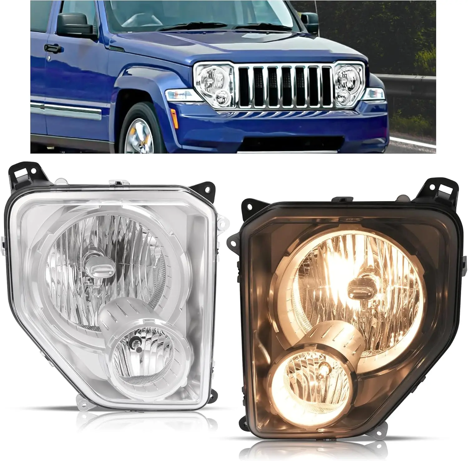 HECASA Pair Headlight Assembly w/Fog Light Compatible with 2008-2012 Jeep Liberty Replacement for CH2502196 CH2503196 Front Headlamp Fog Driving Lamp Clear Lens Chrome Housing - Driver&Passenger Side