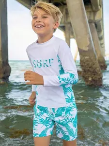 Boys Long Sleeve Swimwear Set, Cartoon Pattern Design, Casual Style Swimming Suit for Kids & Youth, Perfect for Pool Beach