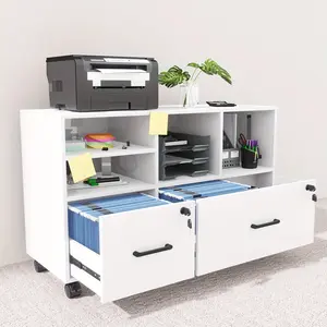 White 2 drawer horizontal file cabinet, printer stand, shelves with 5 wheels, suitable for letter, A4, legal size,42.51 "W x 15.74 "D x 26.75 "H shaker cabinets