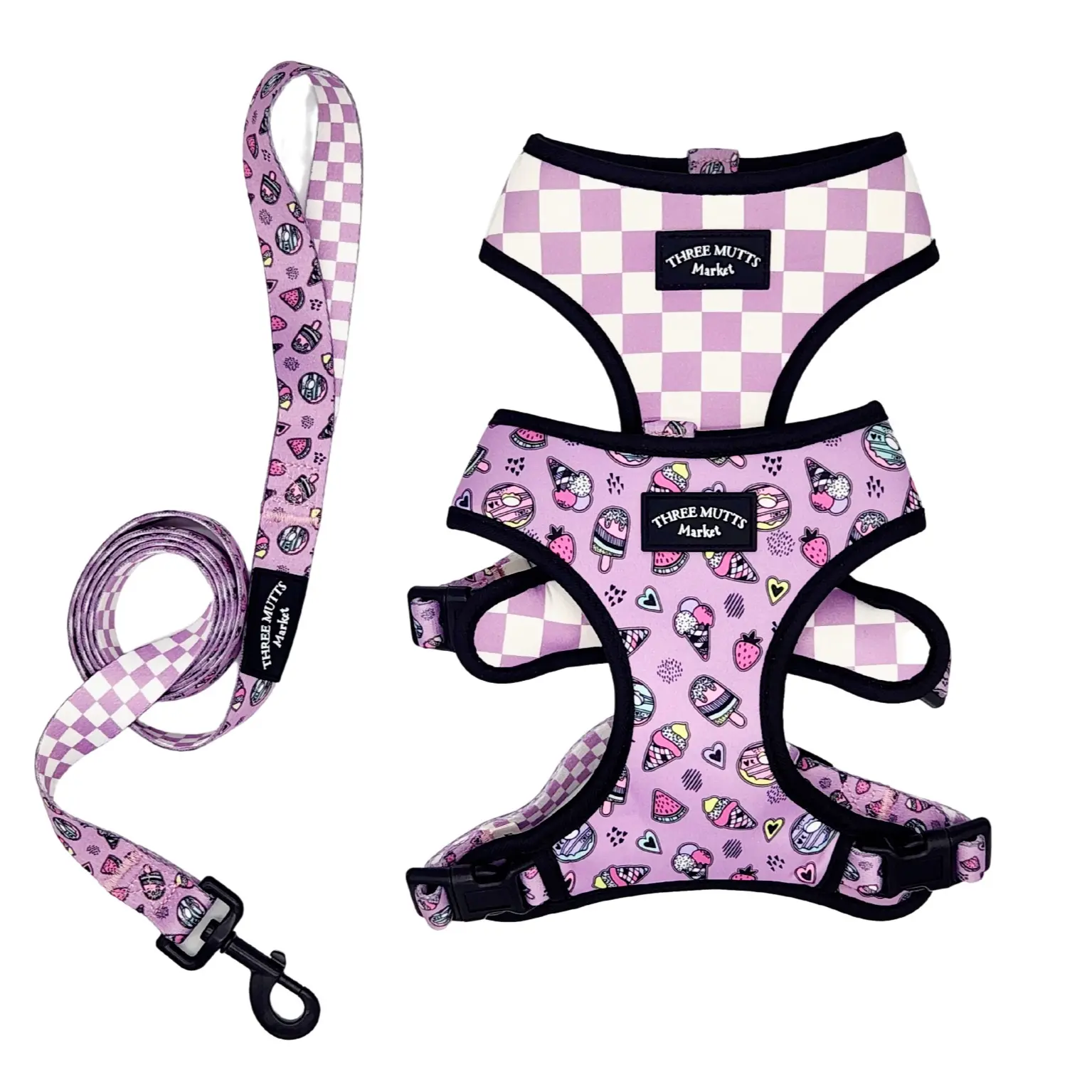 Three Mutts Market Sweet Mutt Reversible Dog Harness & Leash Set