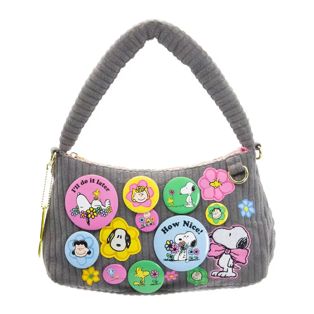 Peanuts Sherbet Spring Baguette Bag, Women's Unique Mixed-Media Corduroy Shoulder & Crossbody with Vintage-Inspired Patches, Unique Bags
