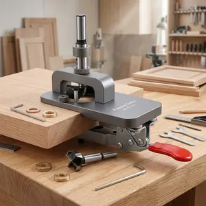 Precision 35mm Adjustable Depth Drilling Jig Kit with Tungsten Carbide Bits, Anti-Slip Hinge Locator, DIY Furniture Installation Tool, Portable Wood Boring Fixture System, Heavy-Duty Hinge Installation Set