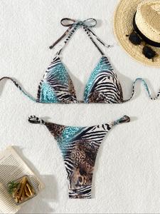 women's leopard print tie back bikini set, halter neck swim top & thong swim bottom, ladies swimsuit for beach holiday vacation, bikinis sets, swimsuit for women, swimsuit for women, bathing suits, bikini top trunks combo, tropical print bikinis