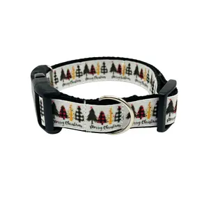 Christmas Trees Merry Christmas White and Red Lumberjack Plaid Dog Collar