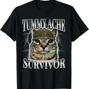 “Tummy Ache Survivor” Funny Cat Meme Graphic T-Shirt, Unisex Cotton Tee, Humorous Animal Lover Shirt, Casual Short Sleeve Top, Available as Black Hoodie & Sweatshirt, Gift Idea for Cat Fans