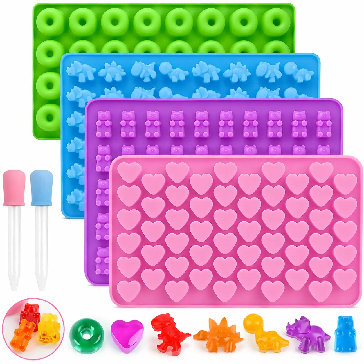 4-Pack Mini Silicone Mold Set for Kids' Desserts, Cartoon Heart & Dinosaur Shapes for DIY Baking, Candy, Crafts & Party Favors with Droppers, Kitchen, Boys
