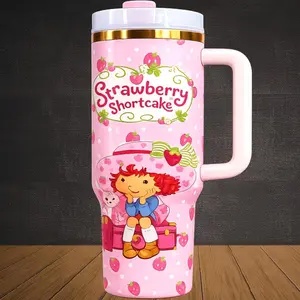 Cute Strawberry Girl 40oz Tumbler Gift Set – Pink Character Cup with Handle, Retro Collector Drinkware