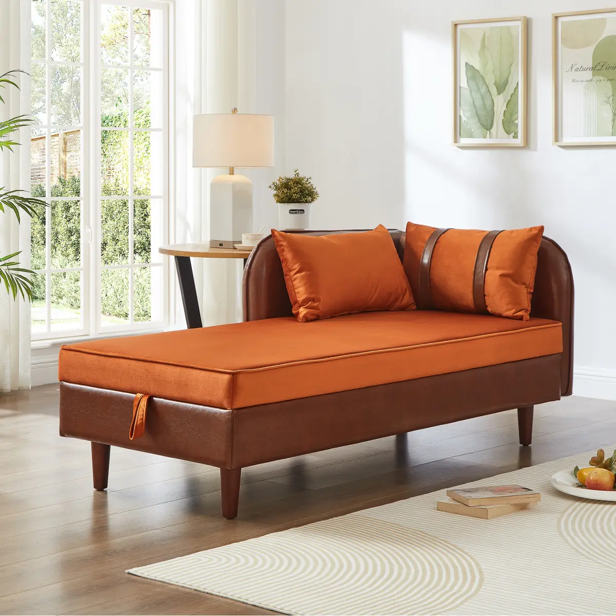 65" Armless Storage Chaise Lounge Sofa - Brown PU & Orange Velvet Blend, Sturdy Foam Cushion, Scientifically Supported, l65"*w30"*h27", 82 lbs, Assembly Required, Versatile Indoor Furniture