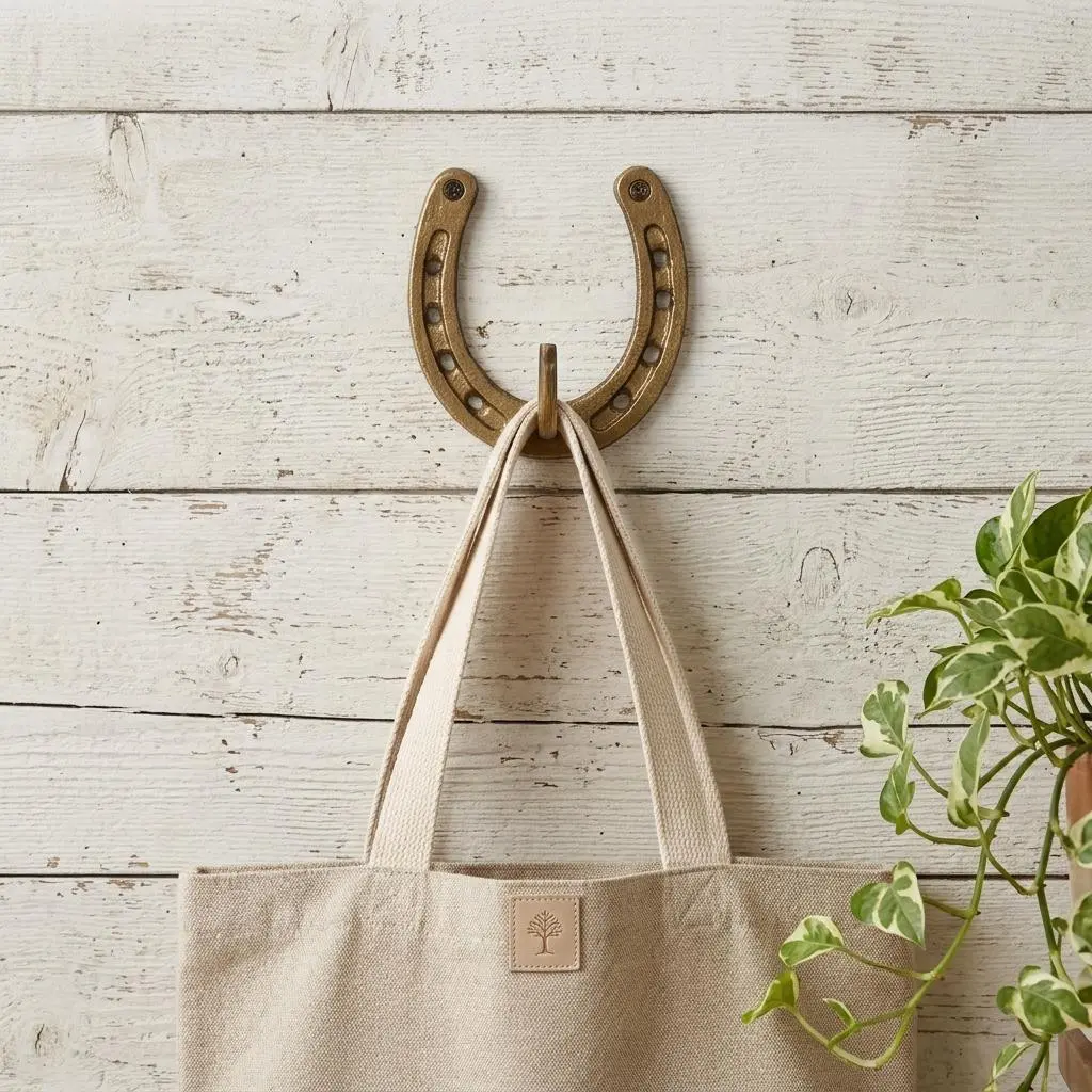 Antiqued Gold Rustic Metal Cast Iron Horseshoe Wall Hook - 4-in Durable Wall Mount Farmhouse Organizer, Space-Saving Storage for Hangers, Rustic Home Decor