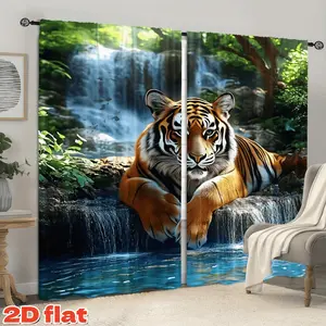 2D Flat 2Pcs Tiger Waterfall Forest Print Window Curtains, Semi Sunshade Pole Pocket Panels, Nature Theme Drapery for Living Room Bedroom Dining Home Decor, Privacy Protection Treatment