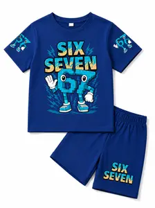 Boys 2 Piece 67 Graphic Outfit, Six Seven Cartoon T-Shirt and Shorts Set, Casual Summer Clothes