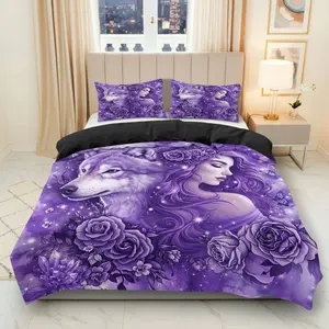 3PCS Duvet Cover Set, 1 Duvet+2 Pillowcases(Without filler), Wolf Floral Purple Star Fantasy Beauty theme, Halloween bedding set, Cozy Romantic Artistic Stylish Suitable for decoration bedroom living room guest room lounge, Bed Sets