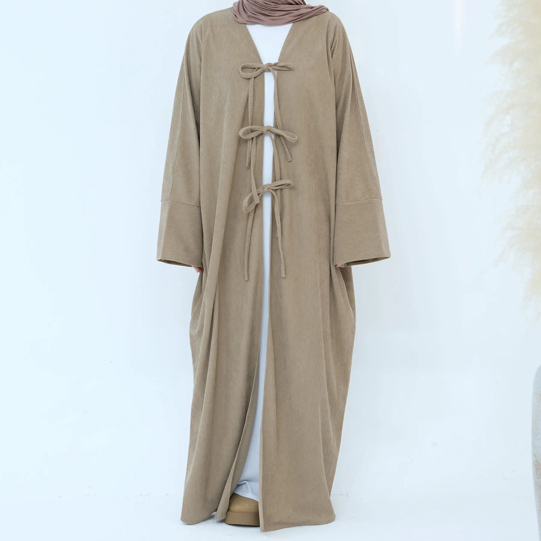 Women's Islamic Corduroy Open Front Abaya - 100% Cotton Modest Outerwear, Loose Casual Elegant Long Sleeve, V-Neck, Adjustable Ties, Versatile Design for Autumn Winter Wear, All Seasons, Plain, Minimalist